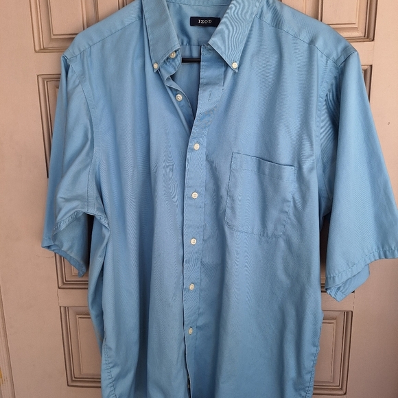 Izod Men's Shirt Sz17 Easy Care Short Sleeves Blue ButtonUp Collar Cotton Twill - Picture 2 of 11